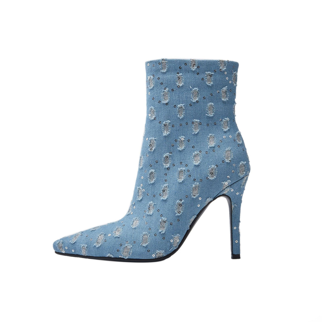 Dame højhælede denim støvler med pailletdekoration Stilla