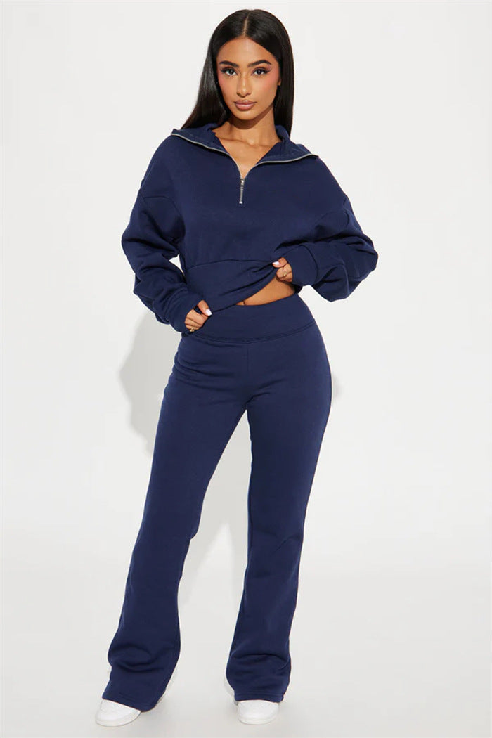 Dame Premium Sweat-Set med kort lynlås og brede bukser Stilla
