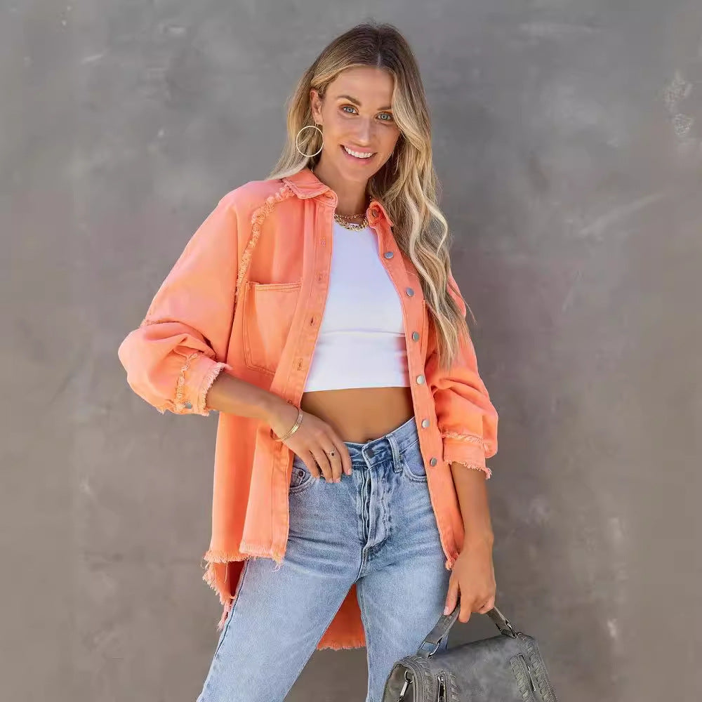 Kvinder Oversized Denim Skjorte med Frynser Stilla