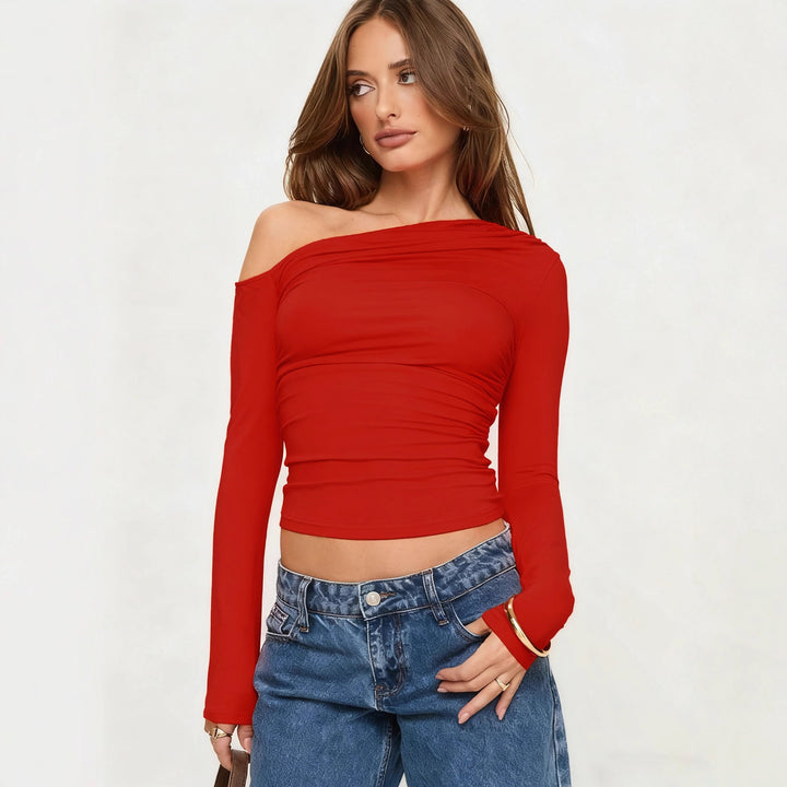 Dame Off-Shoulder Rynket skjorte med lange ærmer og elegant design Skovae