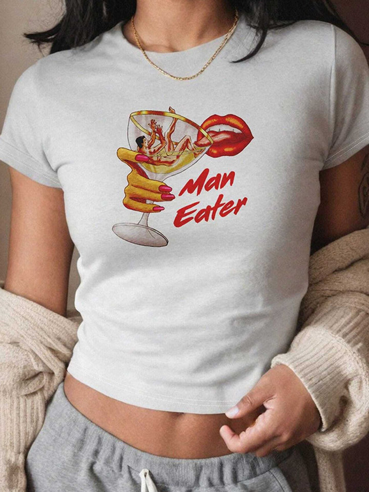 Dame Crop-T-Shirt med kunstnerisk læbemotiv og kreativt tryk Skovae