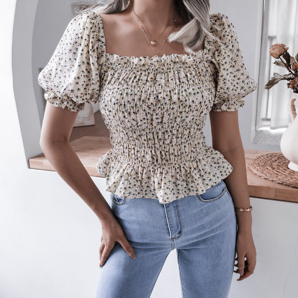 Dame Puffærme Bluse med rynket design og flæse kant Stilla