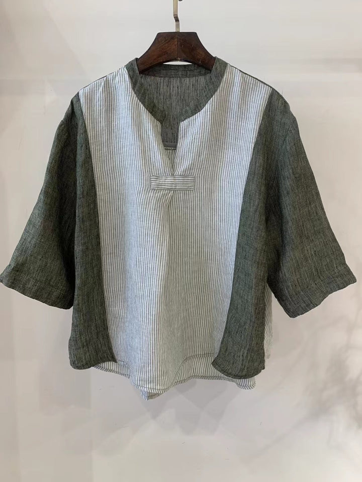 Dame stribet linned blouse med løs pasform og halvlange ærmer Stilla