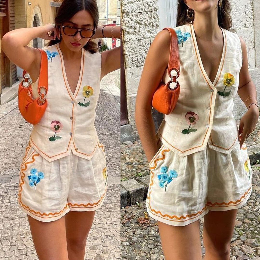 Dame elegant blazer- og shorts-sæt med florale broderier Stiila