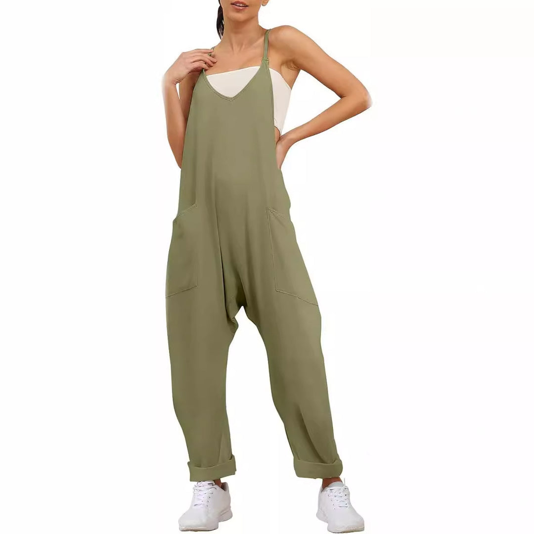 Dame Afslappet Jumpsuit med dyb udskæring og praktiske lommer Stilla
