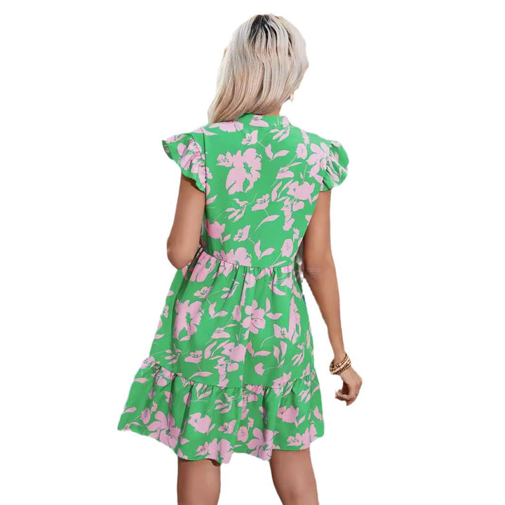 Dame let floral kjole med flæsedetaljer og elastisk taljeindlæg Stilla