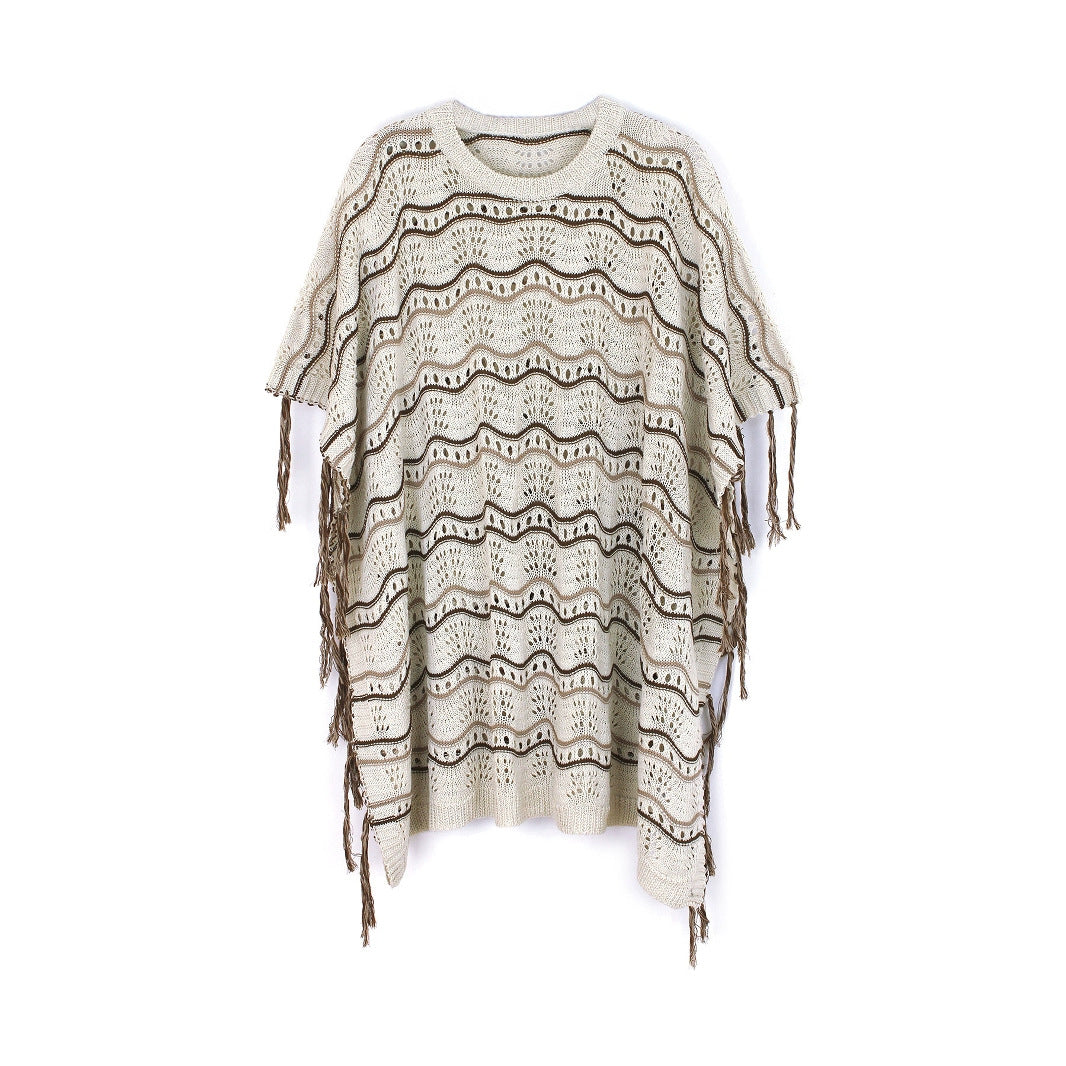 Dame luftig hæklet poncho med frynsedesign Stilla
