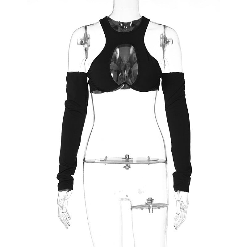 Dame Crop-Top med lange ærmer og innovativt cut-out-design Stilla