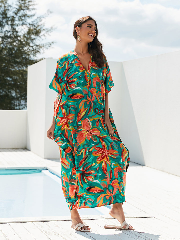 Dame Kaftan med floraltryk og fine detaljer Stilla