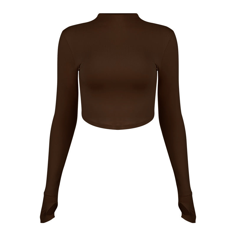 Dame sporty langærmet crop top med høj krave og åndbar struktur Stilla