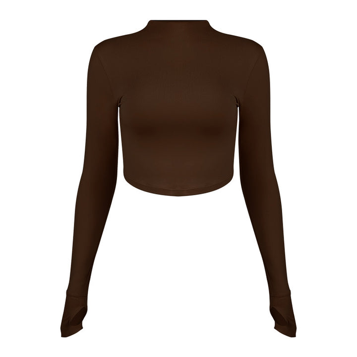 Dame sporty langærmet crop top med høj krave og åndbar struktur Stilla