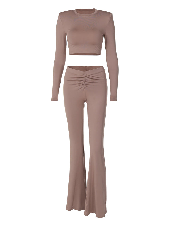 Dame Crop-Top og Flared-Bukser-Sæt med elegant rynkning og smart design Stilla