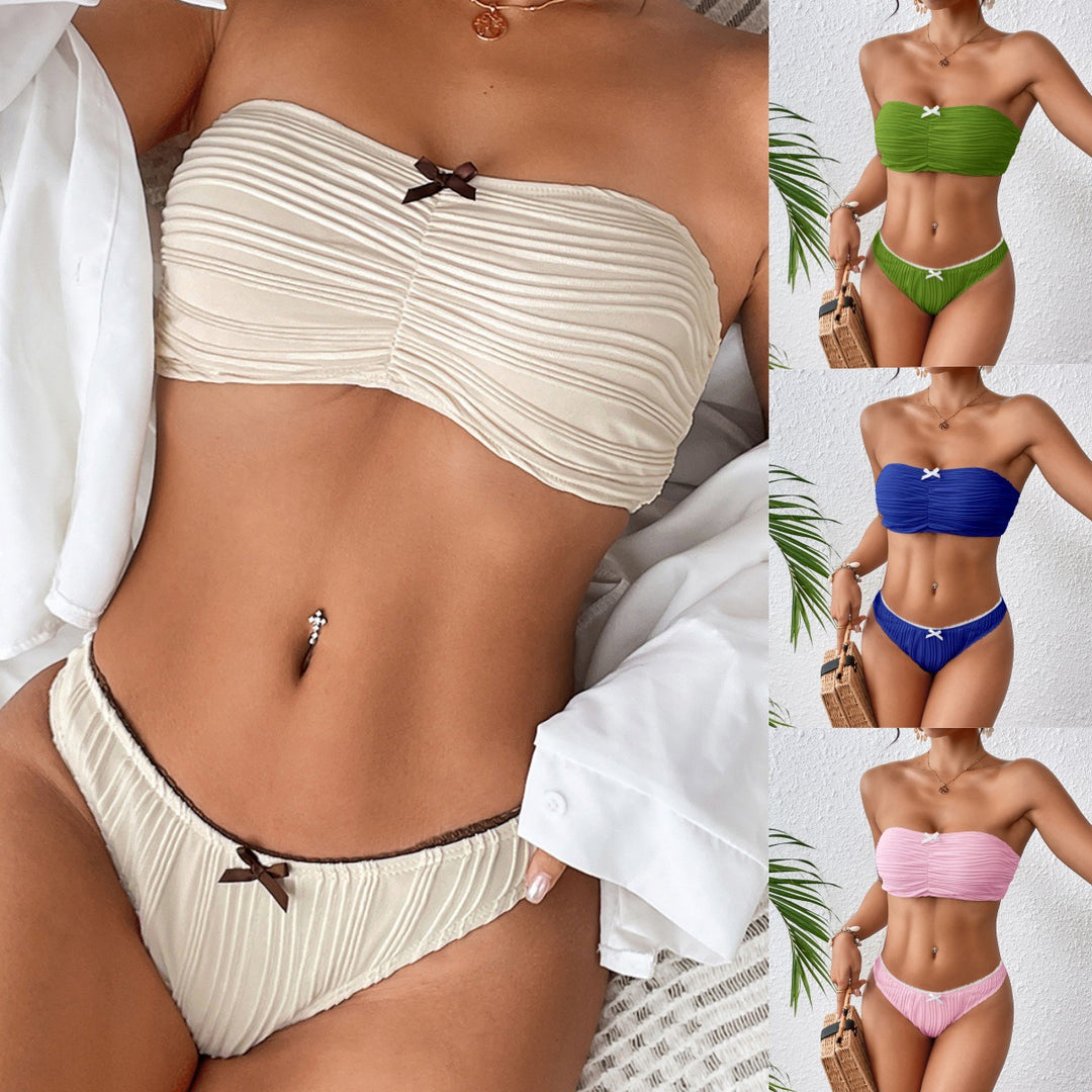 Dame Bandeau-bikini med elegant plisseret design og pynte-sløjfer Stilla