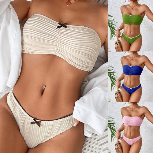 Dame Bandeau-bikini med elegant plisseret design og pynte-sløjfer Stilla