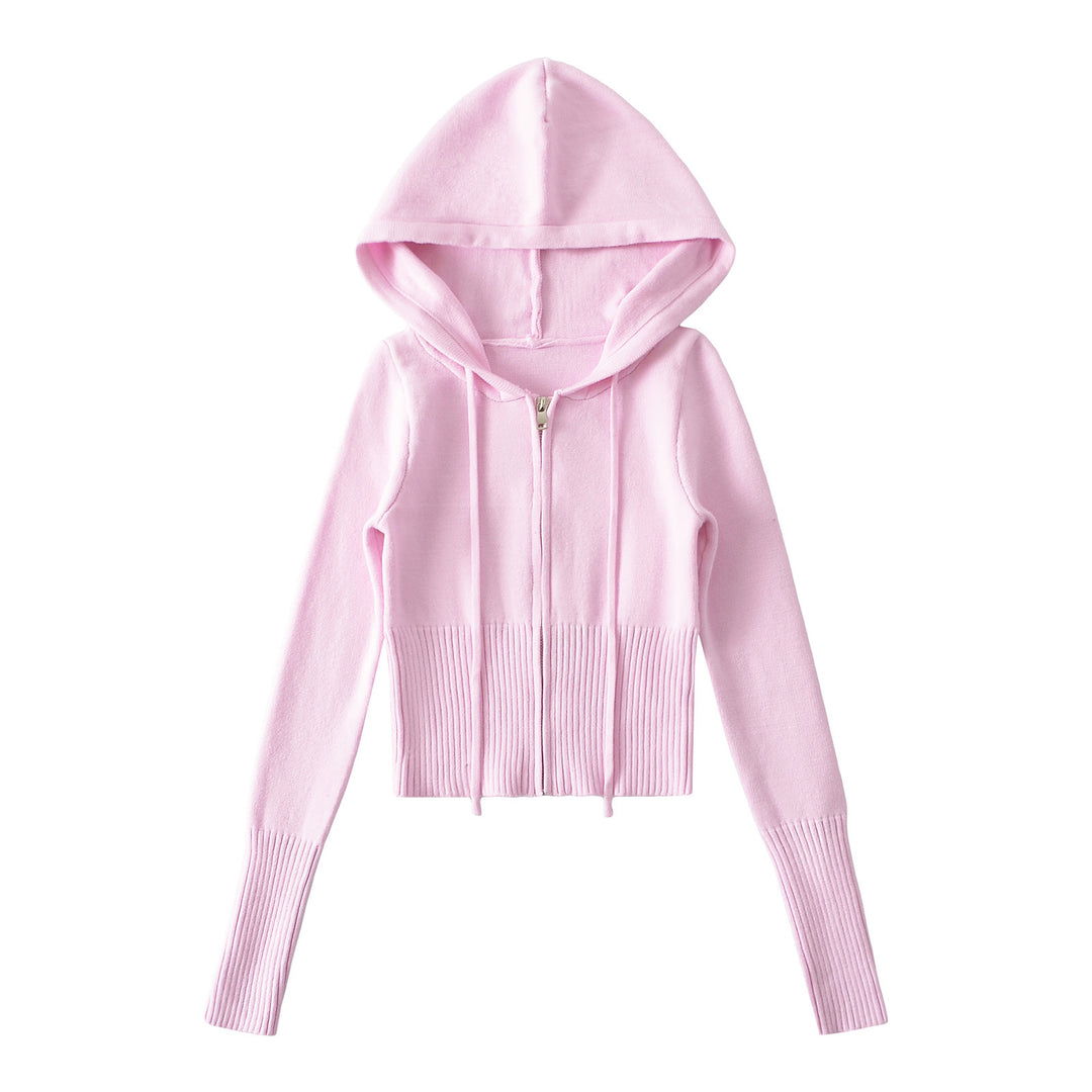 Dame Cropped Hoodie lavet af blødt strikmateriale med lynlås og hætte Stilla
