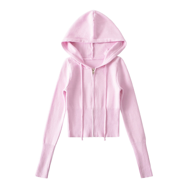 Dame Cropped Hoodie lavet af blødt strikmateriale med lynlås og hætte Stilla