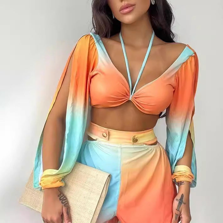 Dame crop top med off-shoulder ærmer og farvegradient design Skovae