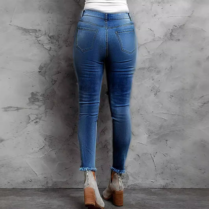 Dame Skinny Jeans med leopardmønster og fashion rifts detaljer Stilla