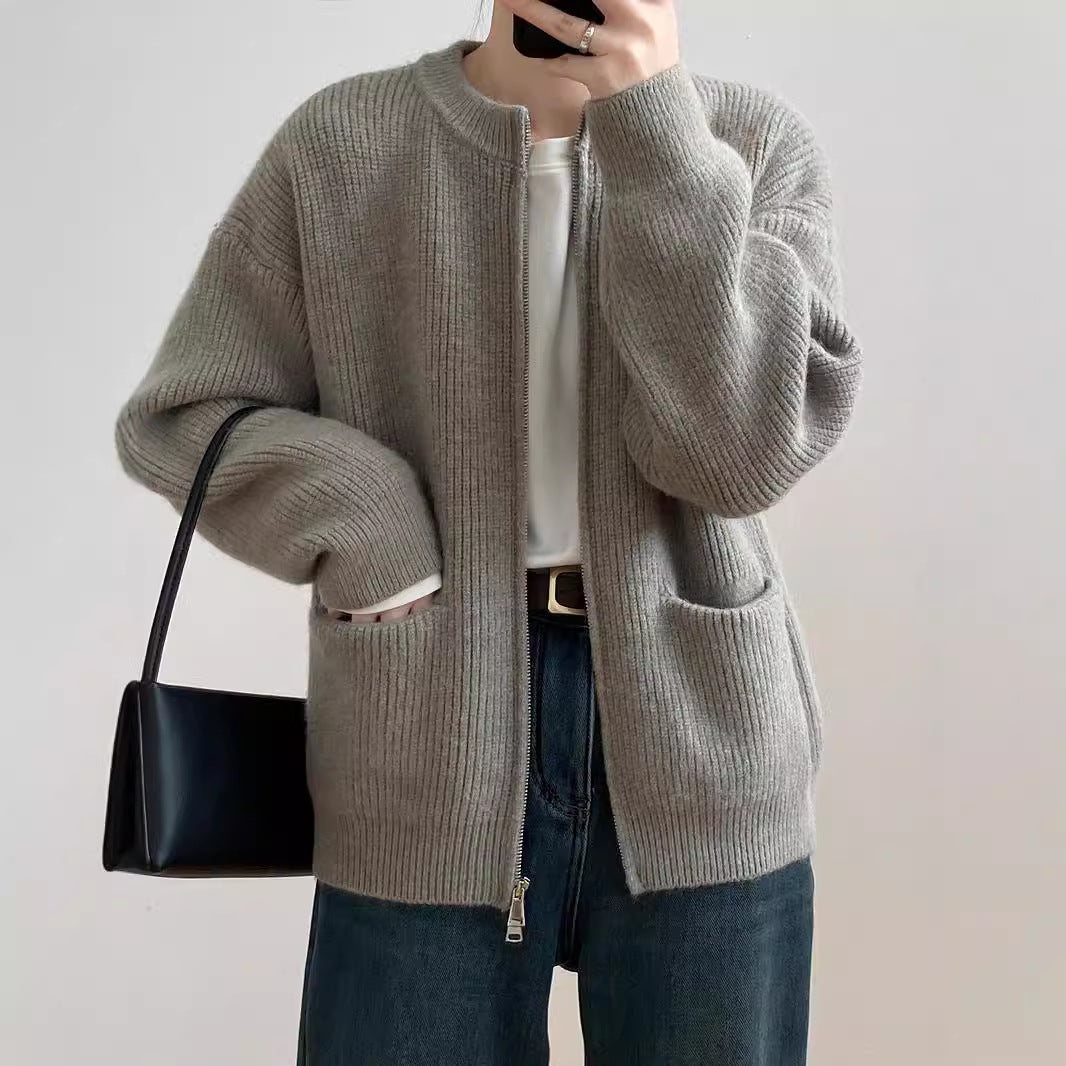 Femme Teksturiseret Lynlås Strikjakke Stilla