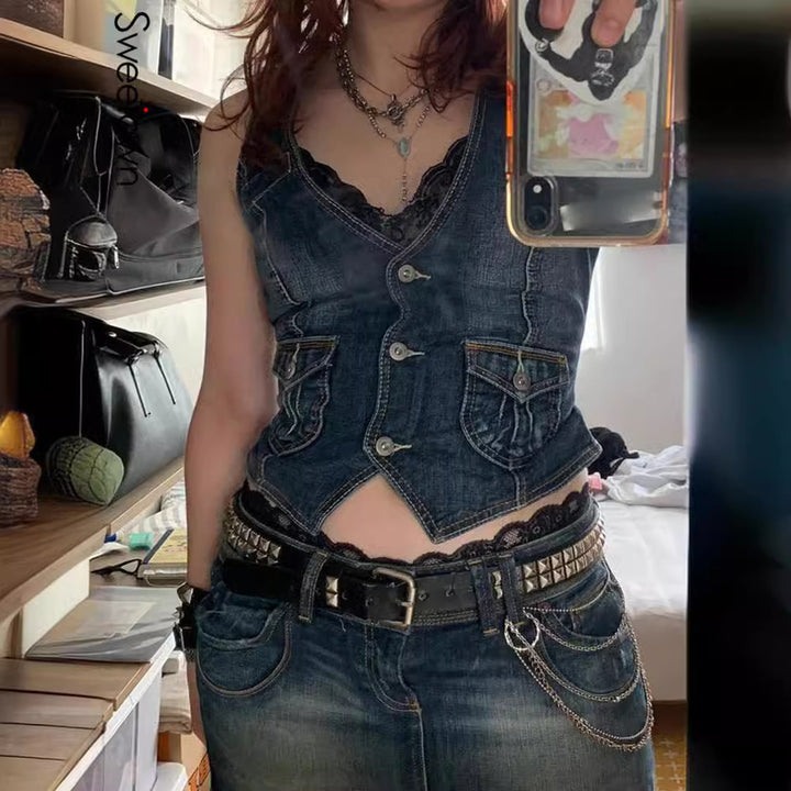 Dame Denim-korset med spidsdetaljer og unik snit Stilla