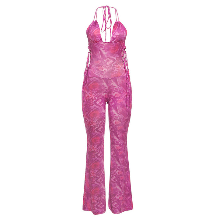 Dame luftig jumpsuit med dyb V-udskæring og legende bindebånd Stilla