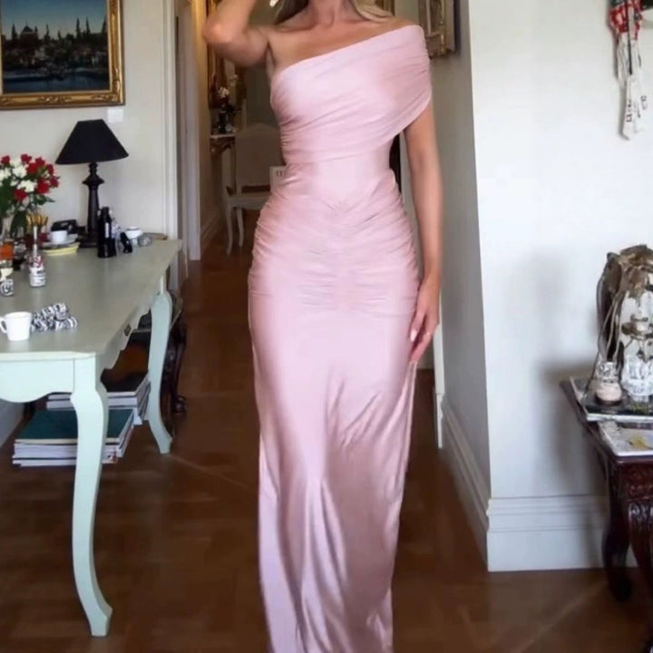 Dame Elegant Aften Kjole med Asymmetrisk Design og Samlinger