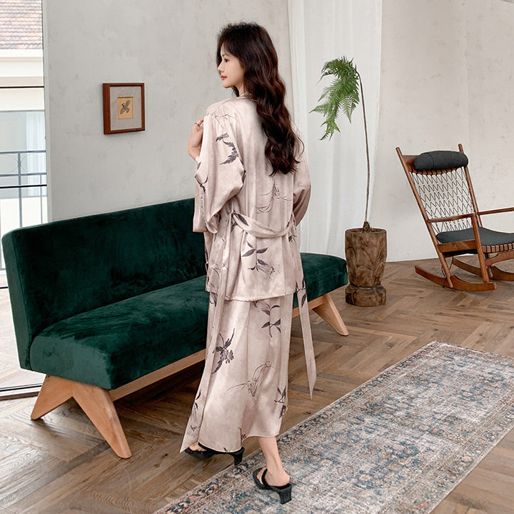 Dame Satin Kimono-robe med elegant blomsterdesign og taljebælte Stilla