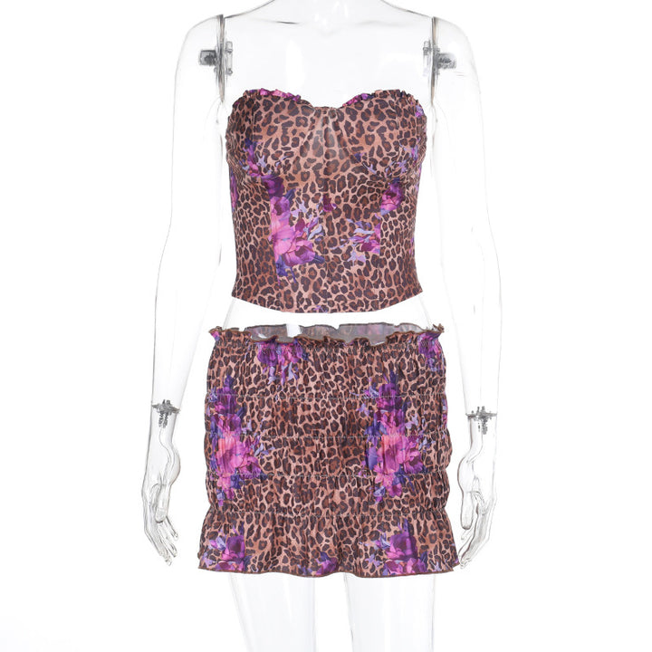 Dame Crop-top og shorts sæt med trendy leopardmønster Skovae