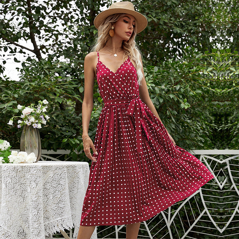 Dame Polka Dot Midi Kjole med Bæltetaske Stilla