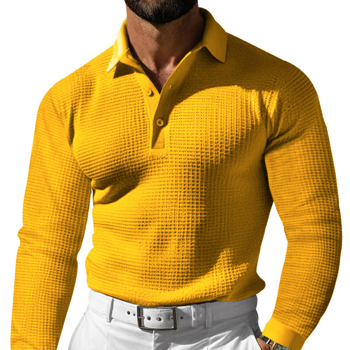 Herren nan figurbetontes Langarm-Poloshirt aus feiner Waffelmasche mit schmalem Milano-Kragen und elastischem Saum Skovae