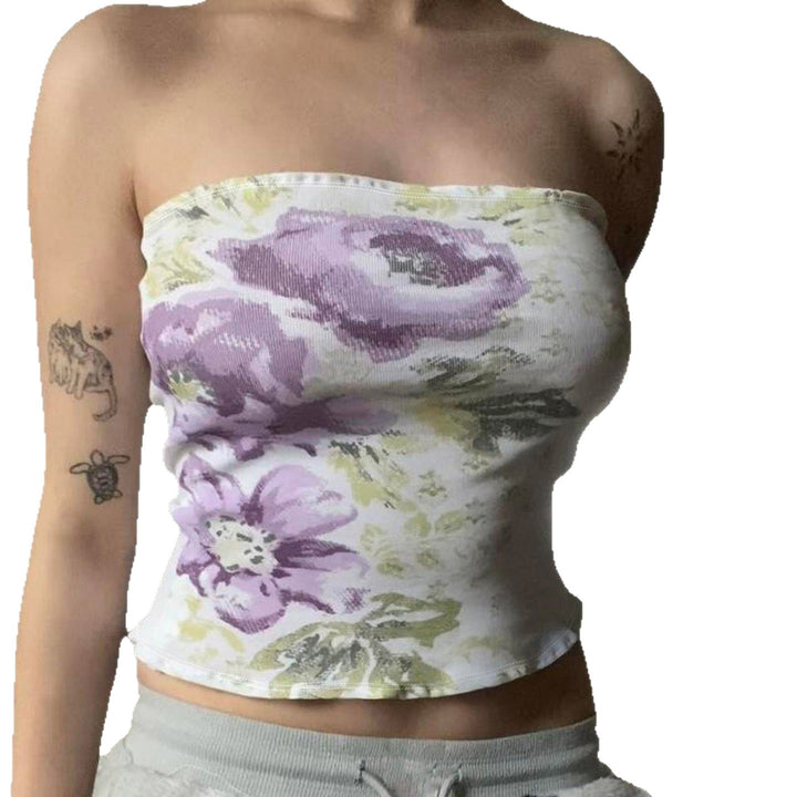 Dame Bandeau-top med floral broderi og elastisk pasform Skovae