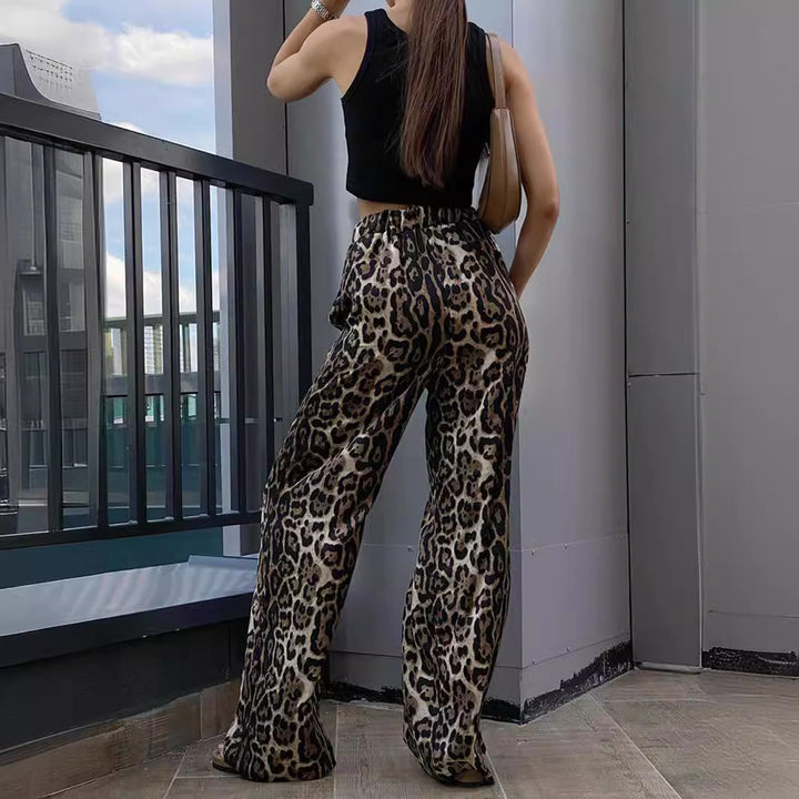 Dame brede leopard-print bukser med elastisk bånd og sidelommer Stilla