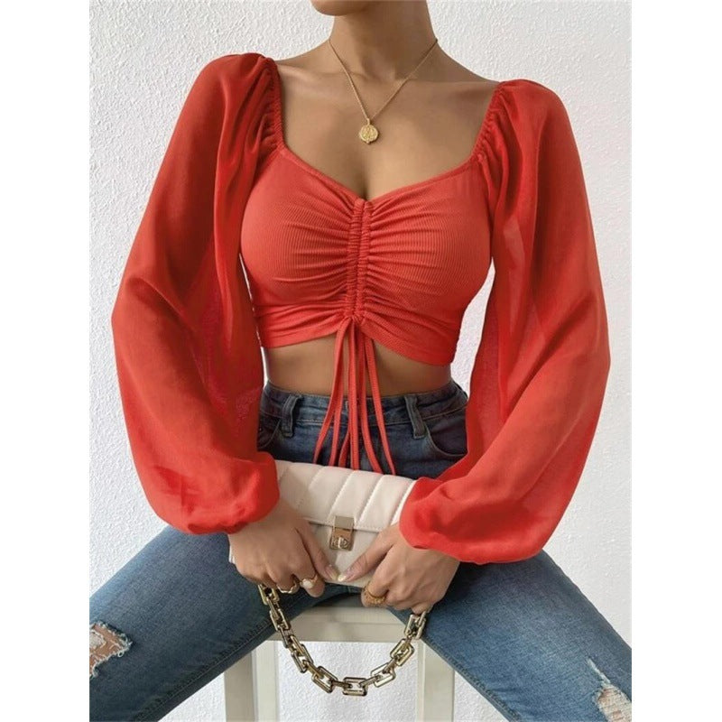 Dame Elegant Crop-top med puffede ærmer og snøremuligheder Stilla