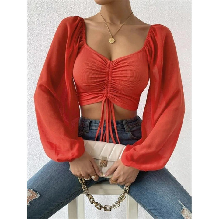 Dame Elegant Crop-top med puffede ærmer og snøremuligheder Stilla