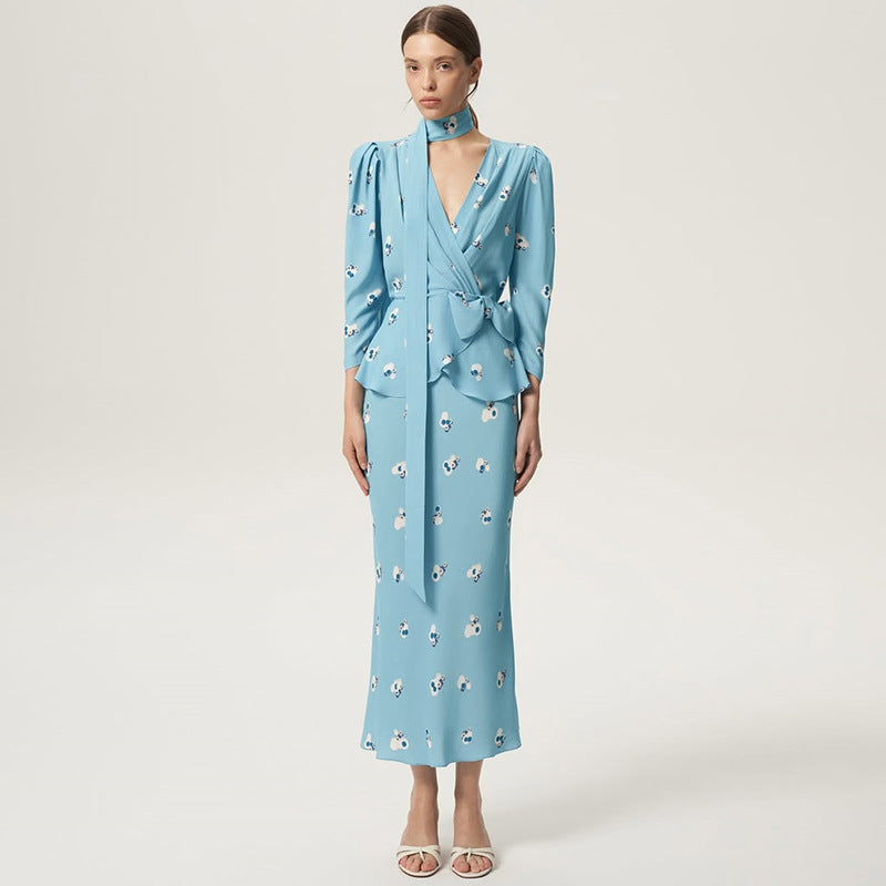 Dame Elegant Vavkjole med Blomsterprint og Rynkedetaljer Stilla