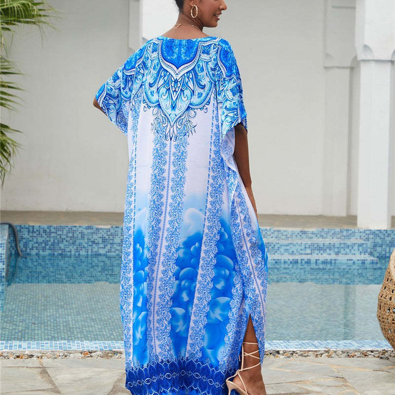 Dame Maxi-Kaftan med kunstnerisk azurmønster og elegant V-udskæring Stilla
