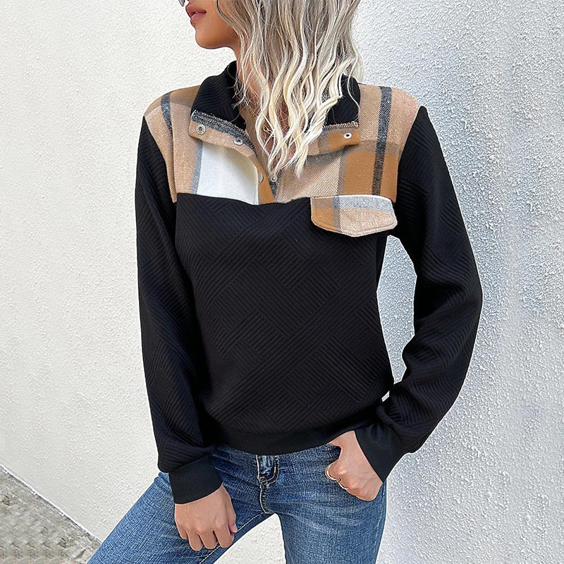 Dame afslappet sweater med moderne krave og dekorativt patch Stilla