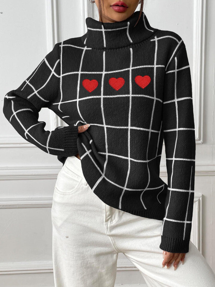 Damer rullekrave sweater med hjerte motiv og ternet design Stilla