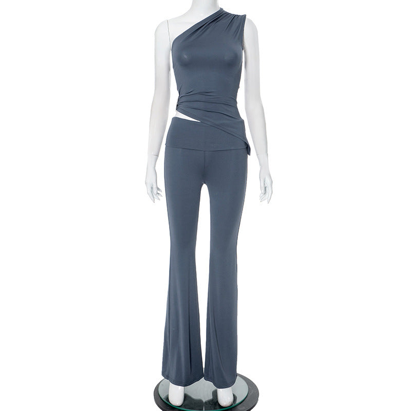 Dame asymmetrisk jumpsuit med dekorativ viklook og blødt, strækbart materiale Skovae