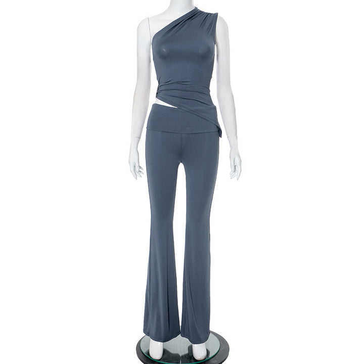 Dame asymmetrisk jumpsuit med dekorativ viklook og blødt, strækbart materiale Skovae