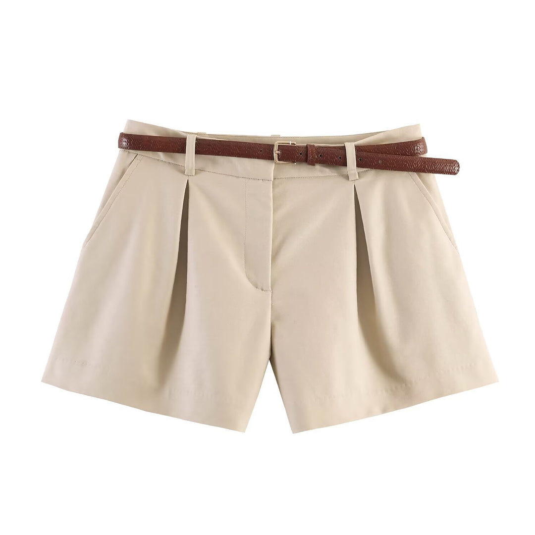 Damer høj talje shorts med elegant folder og smal bælte Skovae