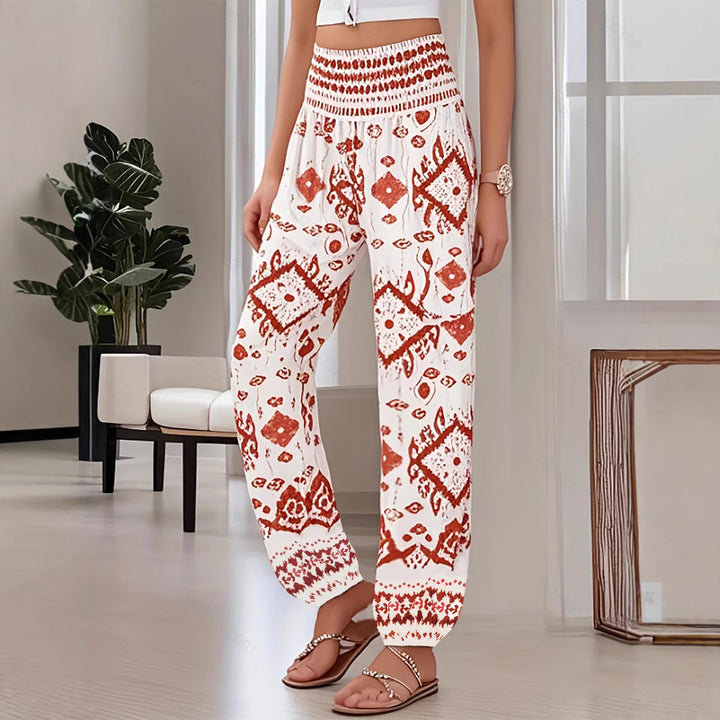 Dame elegant og komfortabel strandbukser med elastisk talje og farverigt paisley-mønster Stilla