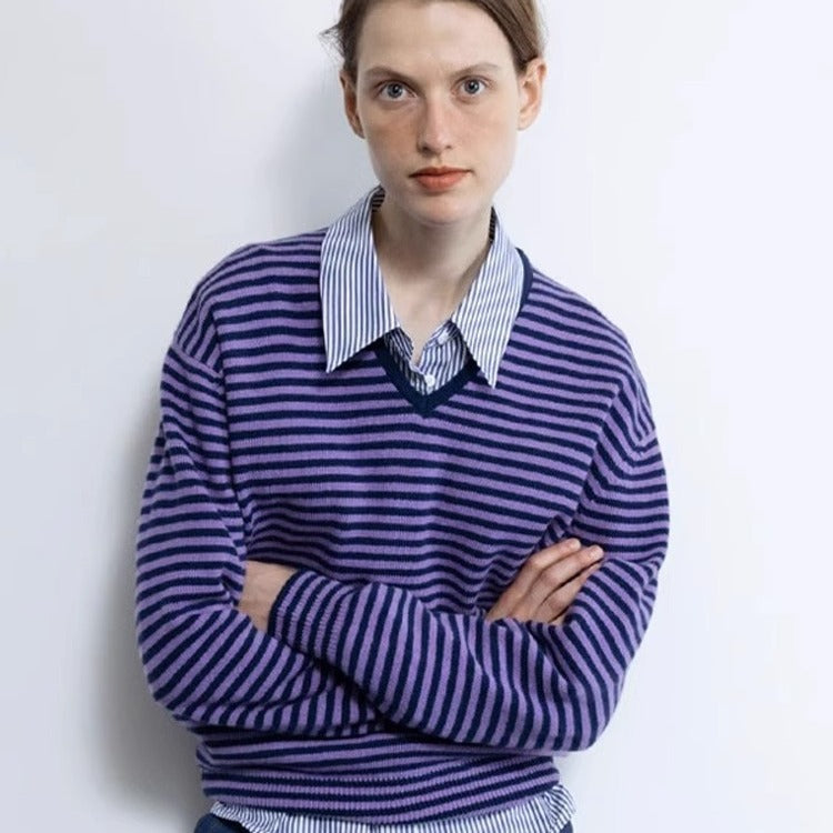Kvindernes stribede V-hals sweater Stilla