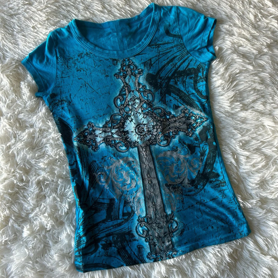 Dame T-shirt med grafisk korstryk og glitrende accenter Skovae