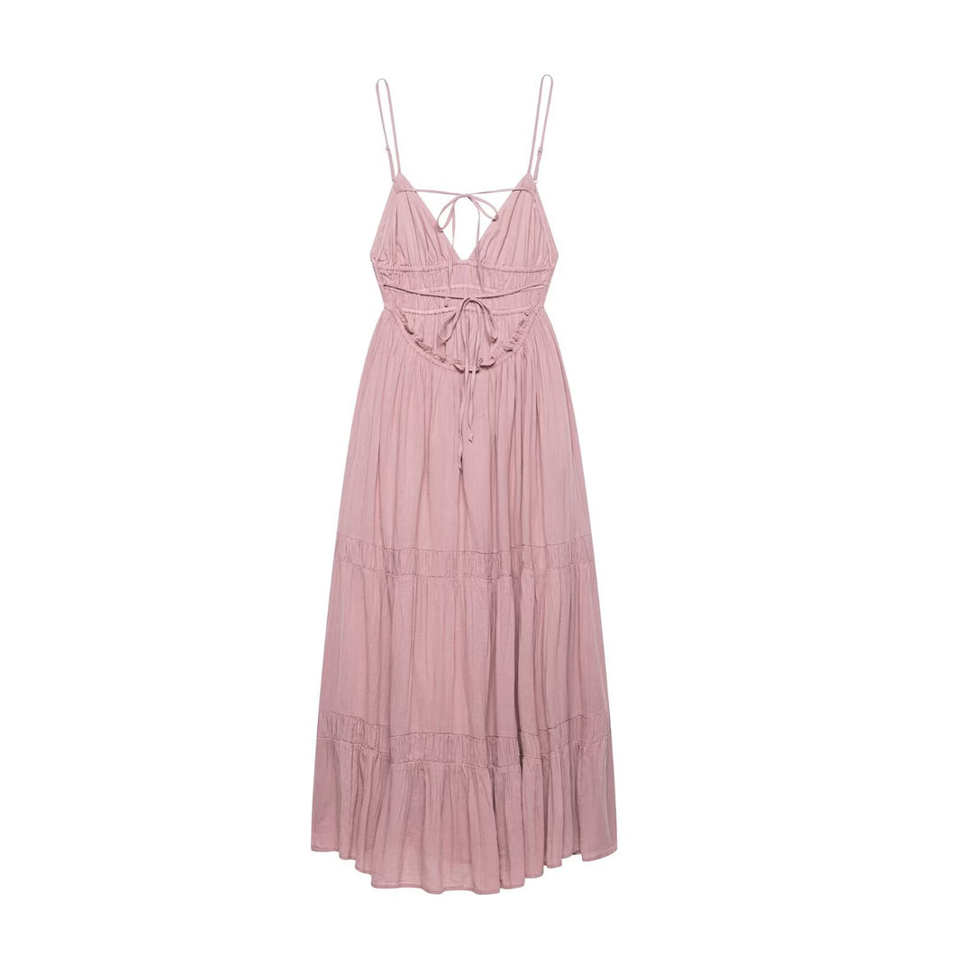 Femme Flydende Bohemian Maxi Kjole med Spaghetti Stropper og Flæsekant Stilla