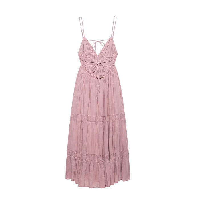 Femme Flydende Bohemian Maxi Kjole med Spaghetti Stropper og Flæsekant Stilla