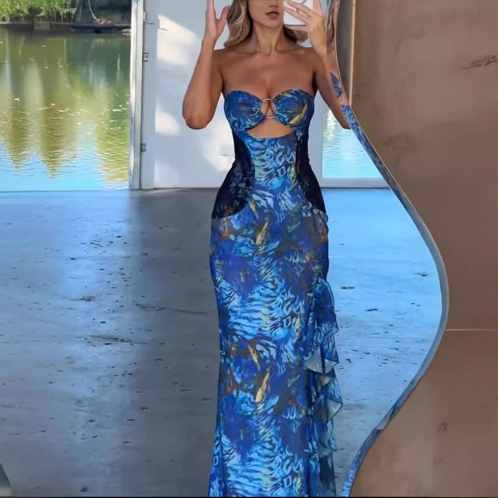 Dame Exquisite Maxi Kjole med Raffineret Udsnit og Elegant Flæse Design Skovae