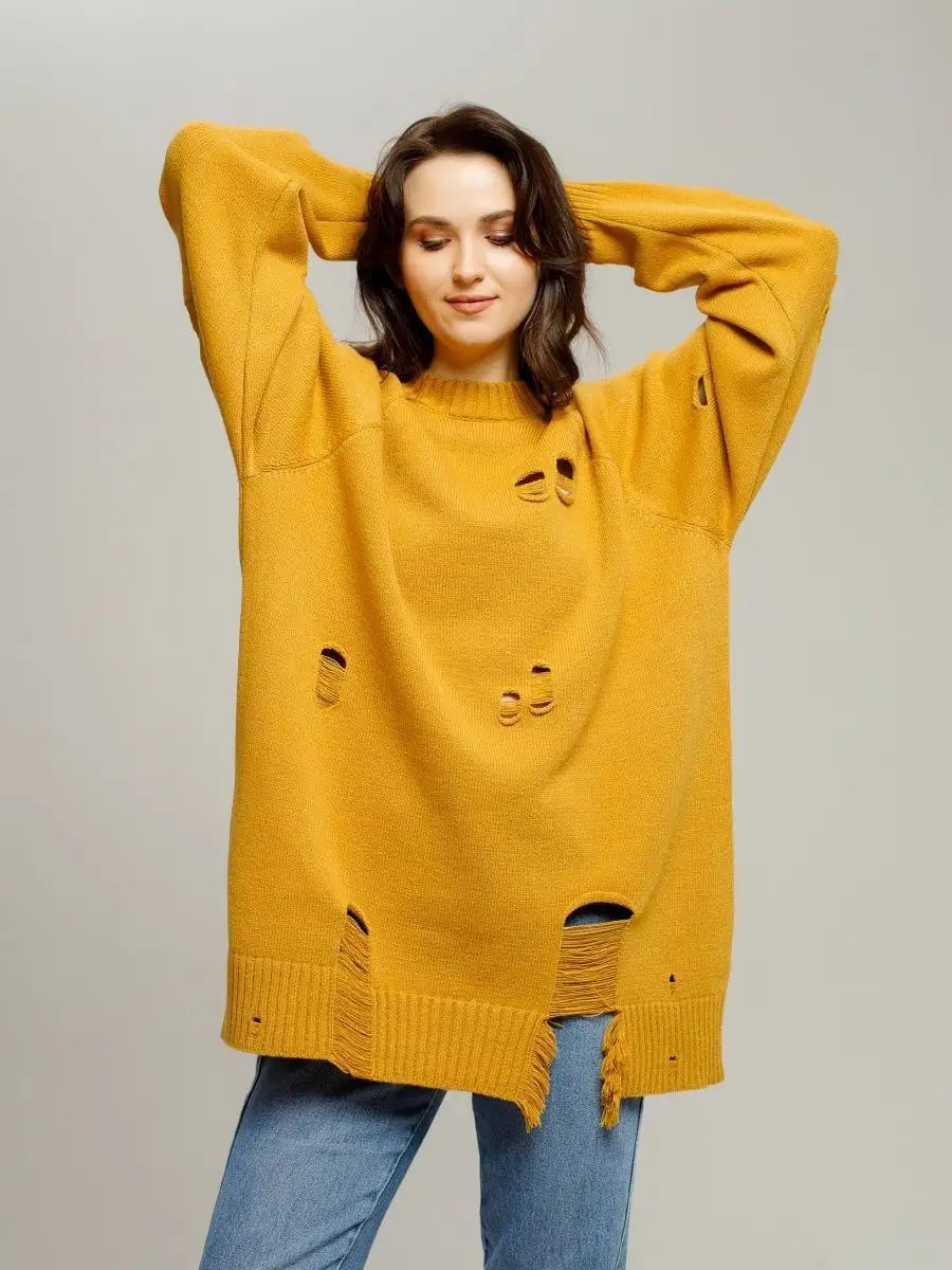 Dame Oversized Strikbluse med Frynser og Hul-Design Stilla