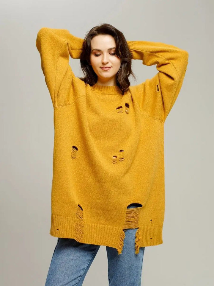 Dame Oversized Strikbluse med Frynser og Hul-Design Stilla