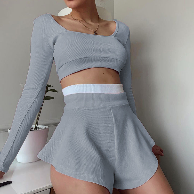Dame sporty Crop-Top og Short-Set med bred kant Stilla